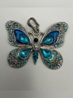 Butterfly Pendant Blue Rhinestone Silver Tone Statement Charm